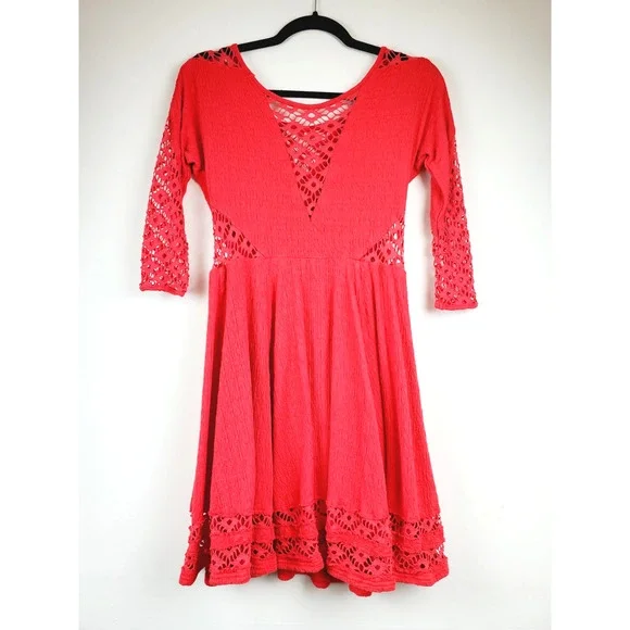 Free People Womens Small Red To The Point Lace Accent‎ Dress Party Festival Mini - Picture 6 of 16